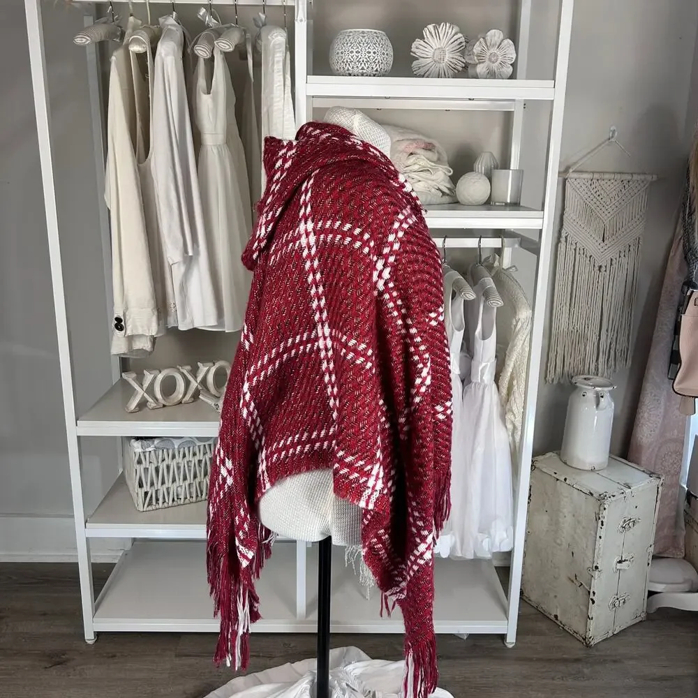 Simply Noelle Women's One Size Red Plaid Hooded Shawl Cape Sweater #3366 - Picture 2 of 4